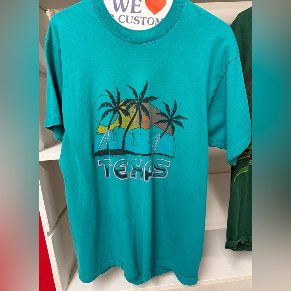 Vintage Single Stitch Graphic T-Shirt Adult Large Green Crew Neck Tee Texas